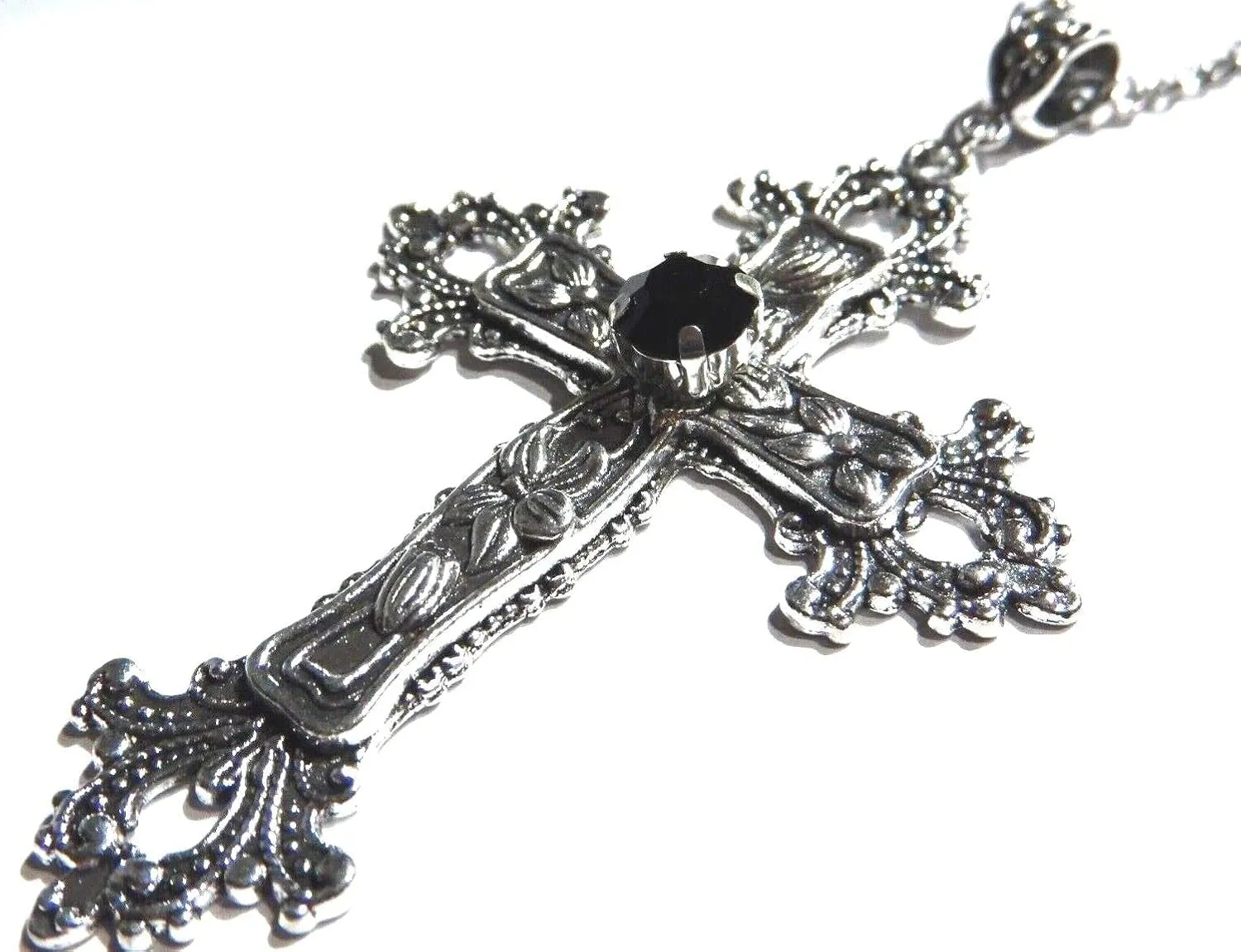 Large Gothic Cross Necklace silver-tone pendant with glass stone, on 24" steel chain