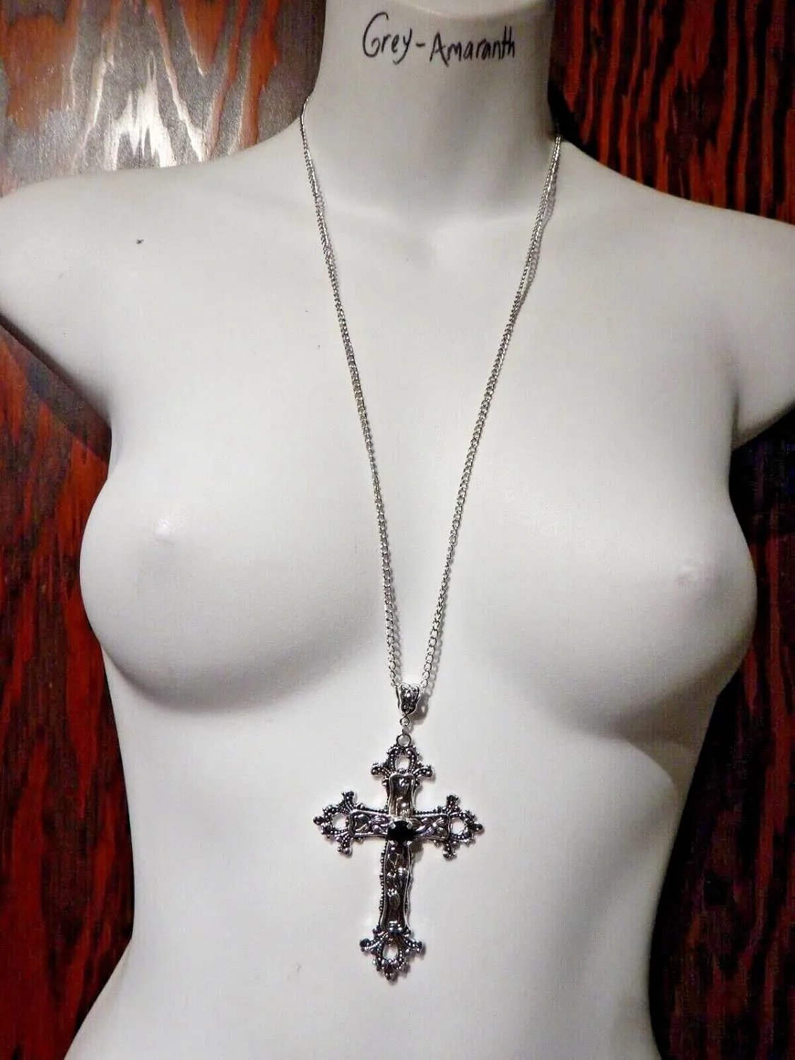 Large Gothic Cross Necklace silver-tone pendant with glass stone, on 24" steel chain