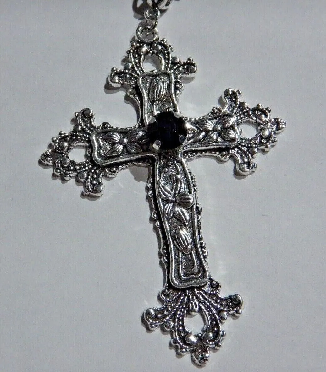 Large Gothic Cross Necklace silver-tone pendant with glass stone, on 24" steel chain