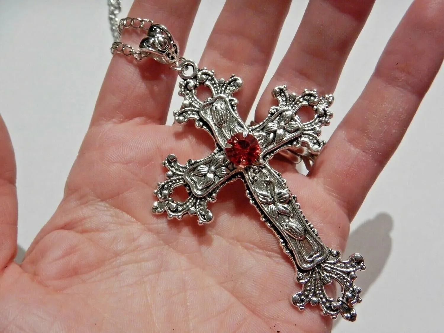 Large Gothic Cross Necklace silver-tone pendant with glass stone, on 24" steel chain
