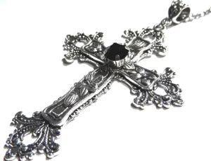 Large Gothic Cross Necklace silver-tone pendant with glass stone, on 24" steel chain