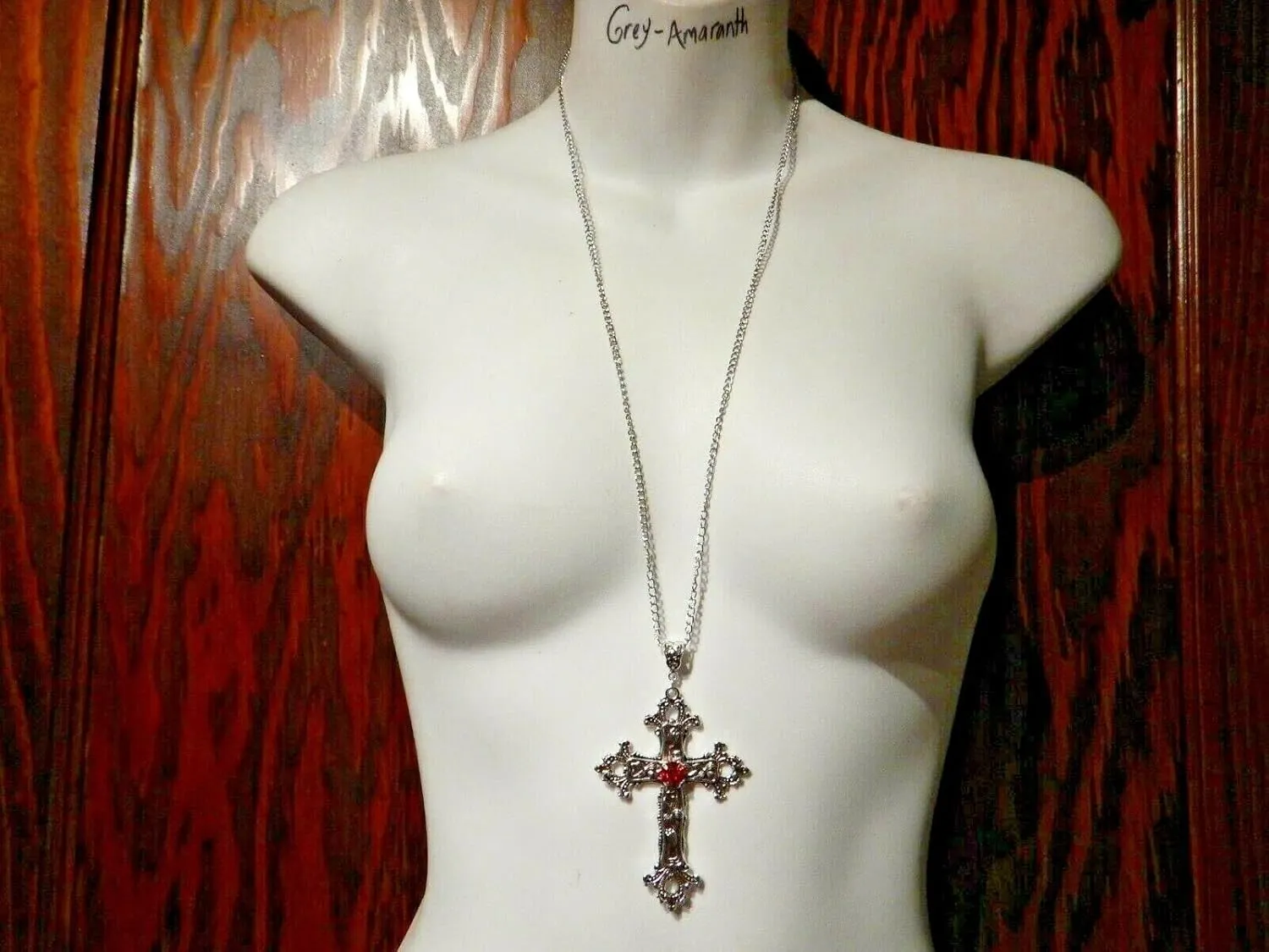 Large Gothic Cross Necklace silver-tone pendant with glass stone, on 24" steel chain
