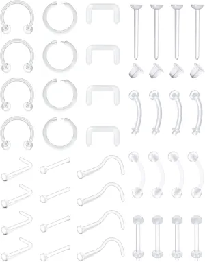 LAURITAMI 18G 20G Clear Bioflex Bone Pin Nose Ring Stud Retainer Body Jewelry Piercing Top Flat 2mm for Women Men