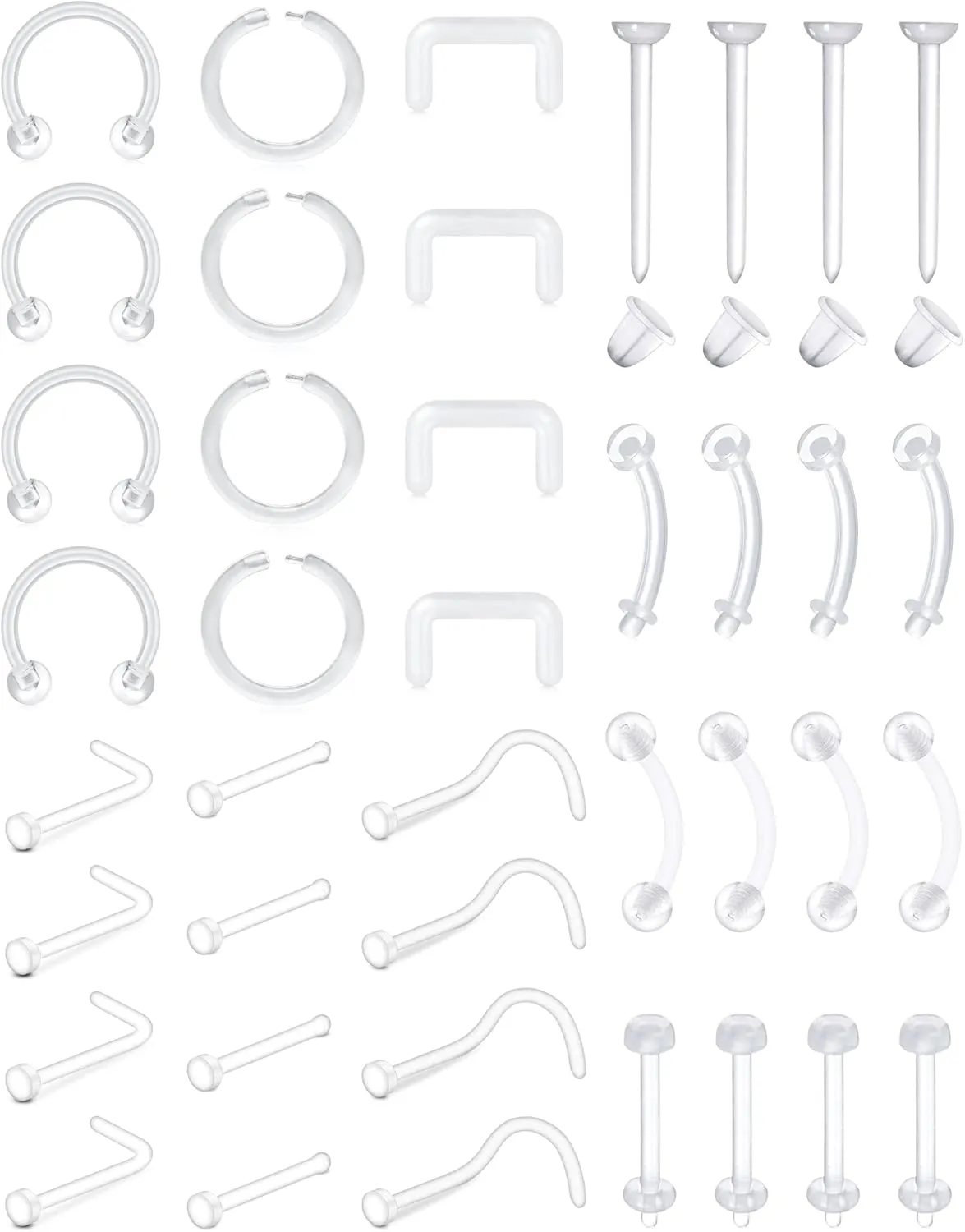 LAURITAMI 18G 20G Clear Bioflex Bone Pin Nose Ring Stud Retainer Body Jewelry Piercing Top Flat 2mm for Women Men