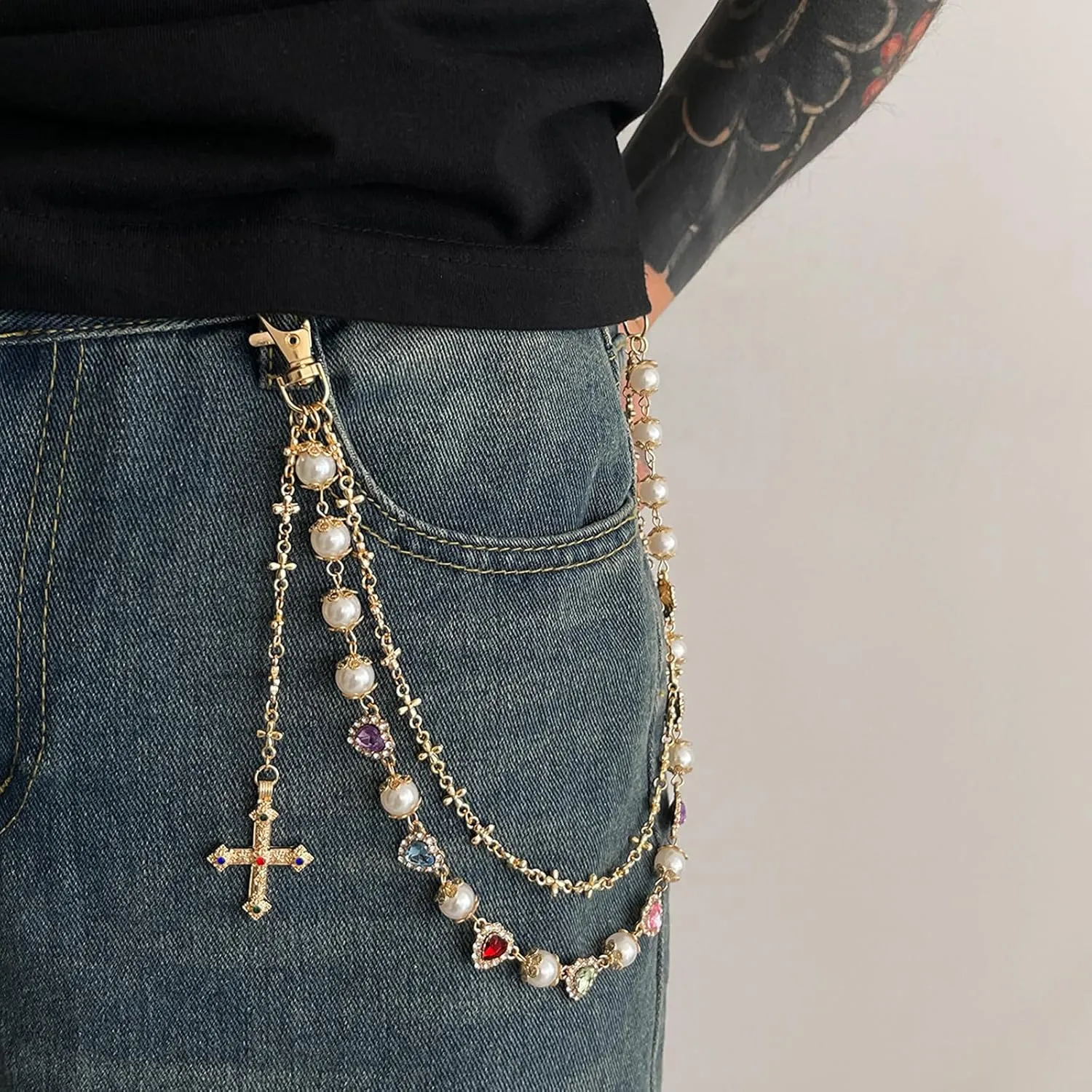 Layered Pants Chain For Men Women, Wallet Chains Rhinestone Flower Pearl Cross Pedant Accessories Keychain Punk Jewelry