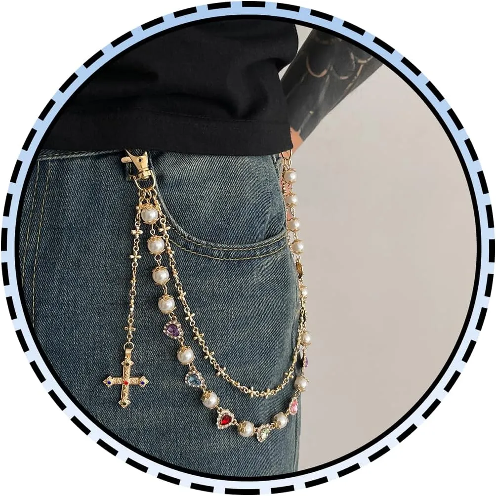 Layered Pants Chain For Men Women, Wallet Chains Rhinestone Flower Pearl Cross Pedant Accessories Keychain Punk Jewelry