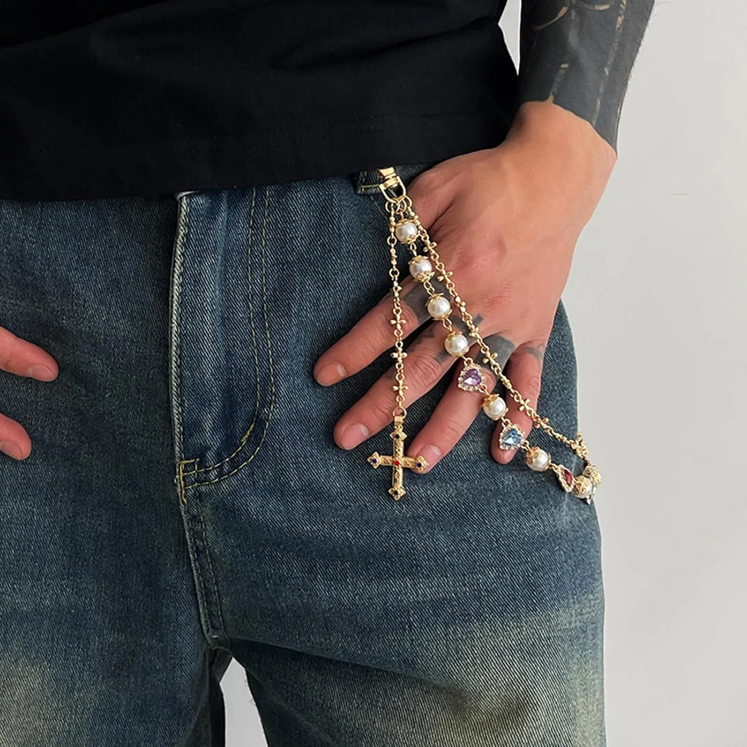 Layered Pants Chain For Men Women, Wallet Chains Rhinestone Flower Pearl Cross Pedant Accessories Keychain Punk Jewelry