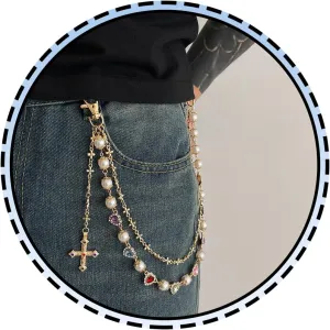Layered Pants Chain For Men Women, Wallet Chains Rhinestone Flower Pearl Cross Pedant Accessories Keychain Punk Jewelry