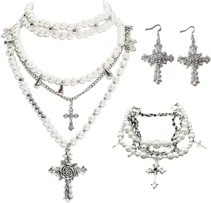 Layered Pearl Necklace,Gothic Pearl Cross Necklace and Earrings,Gothic Cross Bracelet for Women,Chunky Statement Stacked Necklace,Y2K Layered Stacked Choker Necklace for Women