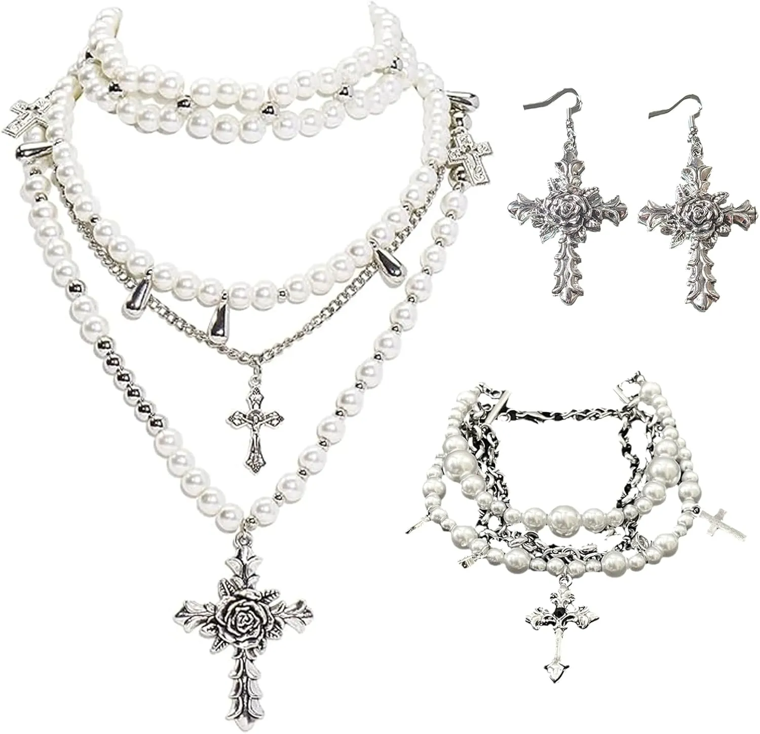 Layered Pearl Necklace,Gothic Pearl Cross Necklace and Earrings,Gothic Cross Bracelet for Women,Chunky Statement Stacked Necklace,Y2K Layered Stacked Choker Necklace for Women
