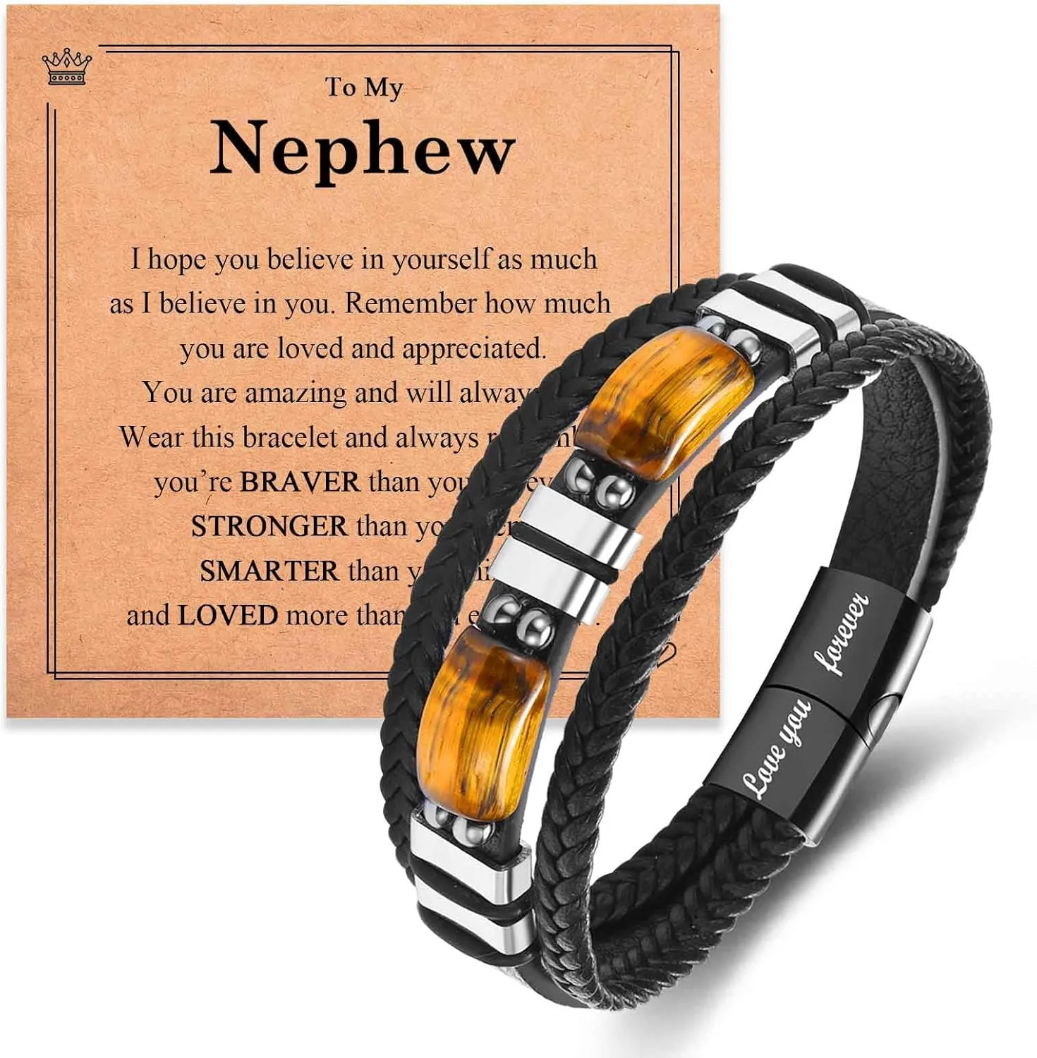 Leather Bracelet Love You Forever Gifts for Men Boys, Tiger Eye Stones Bracelets Christmas Birthday Valentines Fathers Day Graduation Gifts for Brother Son Grandson Nephew