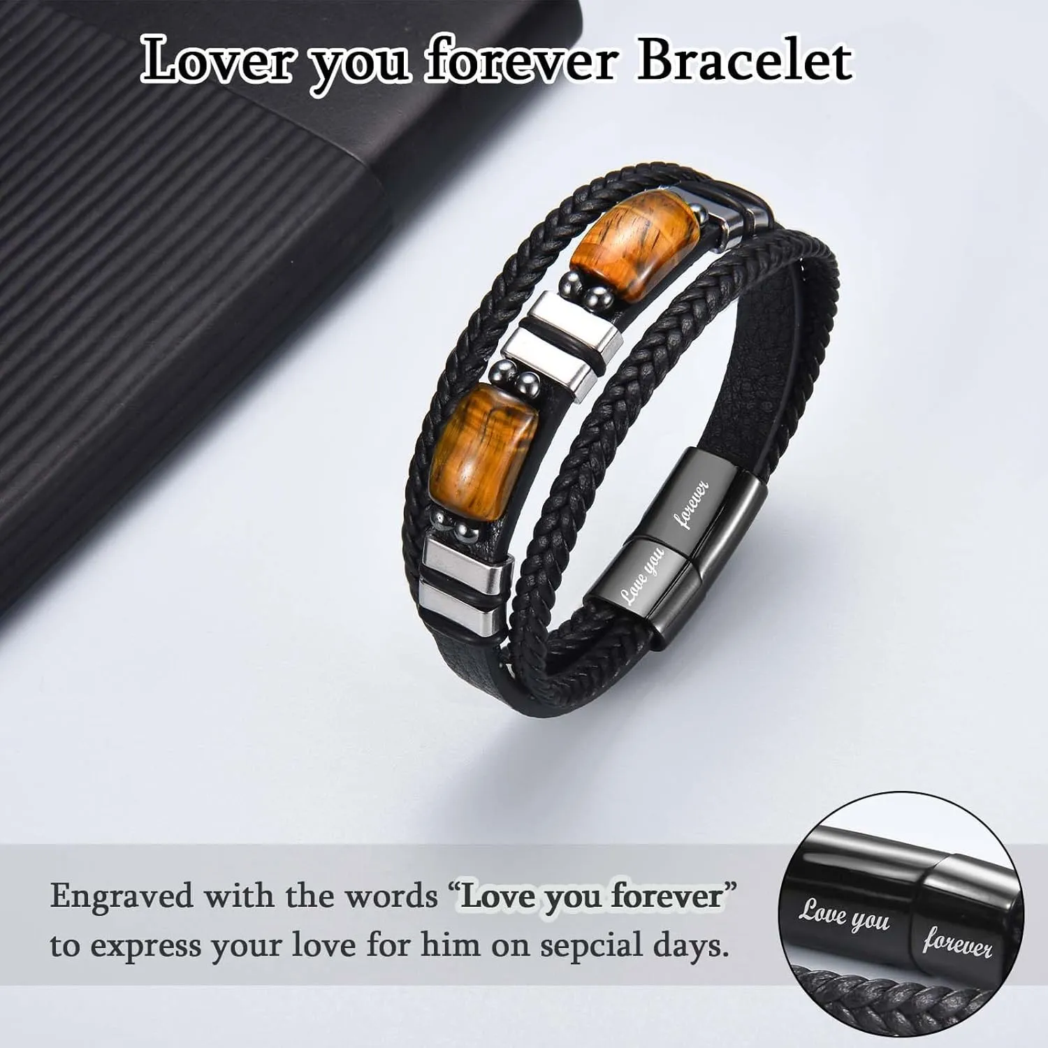 Leather Bracelet Love You Forever Gifts for Men Boys, Tiger Eye Stones Bracelets Christmas Birthday Valentines Fathers Day Graduation Gifts for Brother Son Grandson Nephew