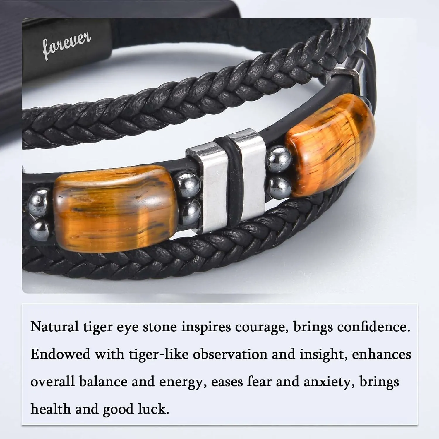 Leather Bracelet Love You Forever Gifts for Men Boys, Tiger Eye Stones Bracelets Christmas Birthday Valentines Fathers Day Graduation Gifts for Brother Son Grandson Nephew