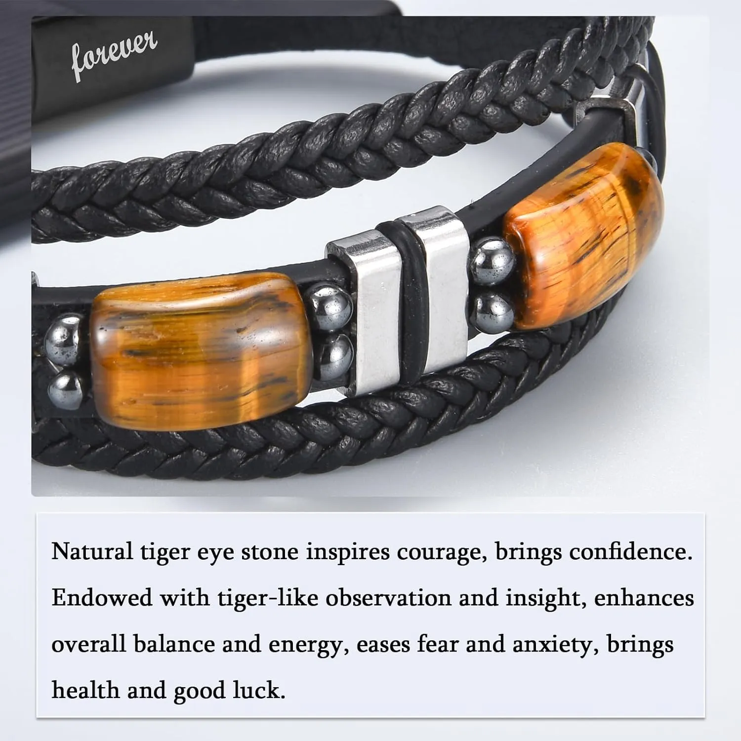 Leather Bracelet Love You Forever Gifts for Men Boys, Tiger Eye Stones Bracelets Christmas Birthday Valentines Fathers Day Graduation Gifts for Brother Son Grandson Nephew