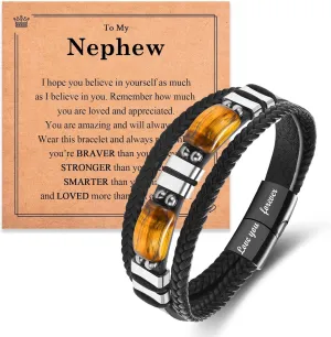 Leather Bracelet Love You Forever Gifts for Men Boys, Tiger Eye Stones Bracelets Christmas Birthday Valentines Fathers Day Graduation Gifts for Brother Son Grandson Nephew