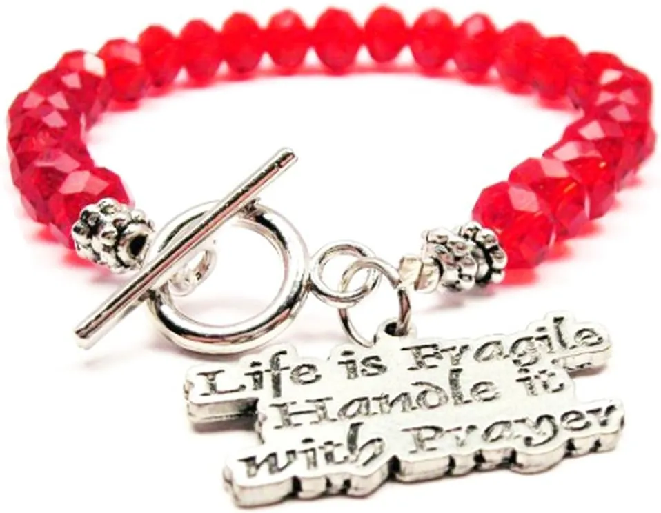 Life Is Fragile Handle with Prayer Red Crystal Beaded Toggle Bracelet