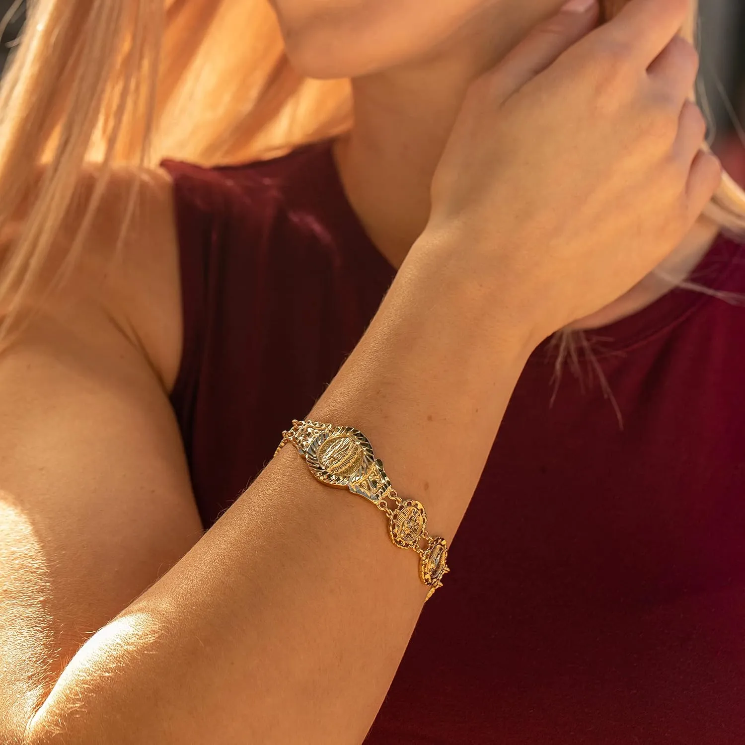 LIFETIME JEWELRY Lady of Guadalupe Emblem Link Bracelet for Men & Women 24K Gold Plated
