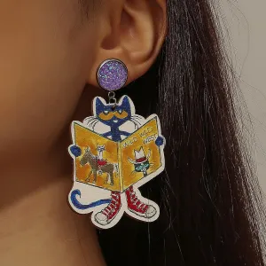Lightweight Wood Reading Earrings, Cute Cat Read Book, Color Crayon, Full Of Love Bucket Earrings for Teachers Student, Love Learn Love Read Earrings for Women