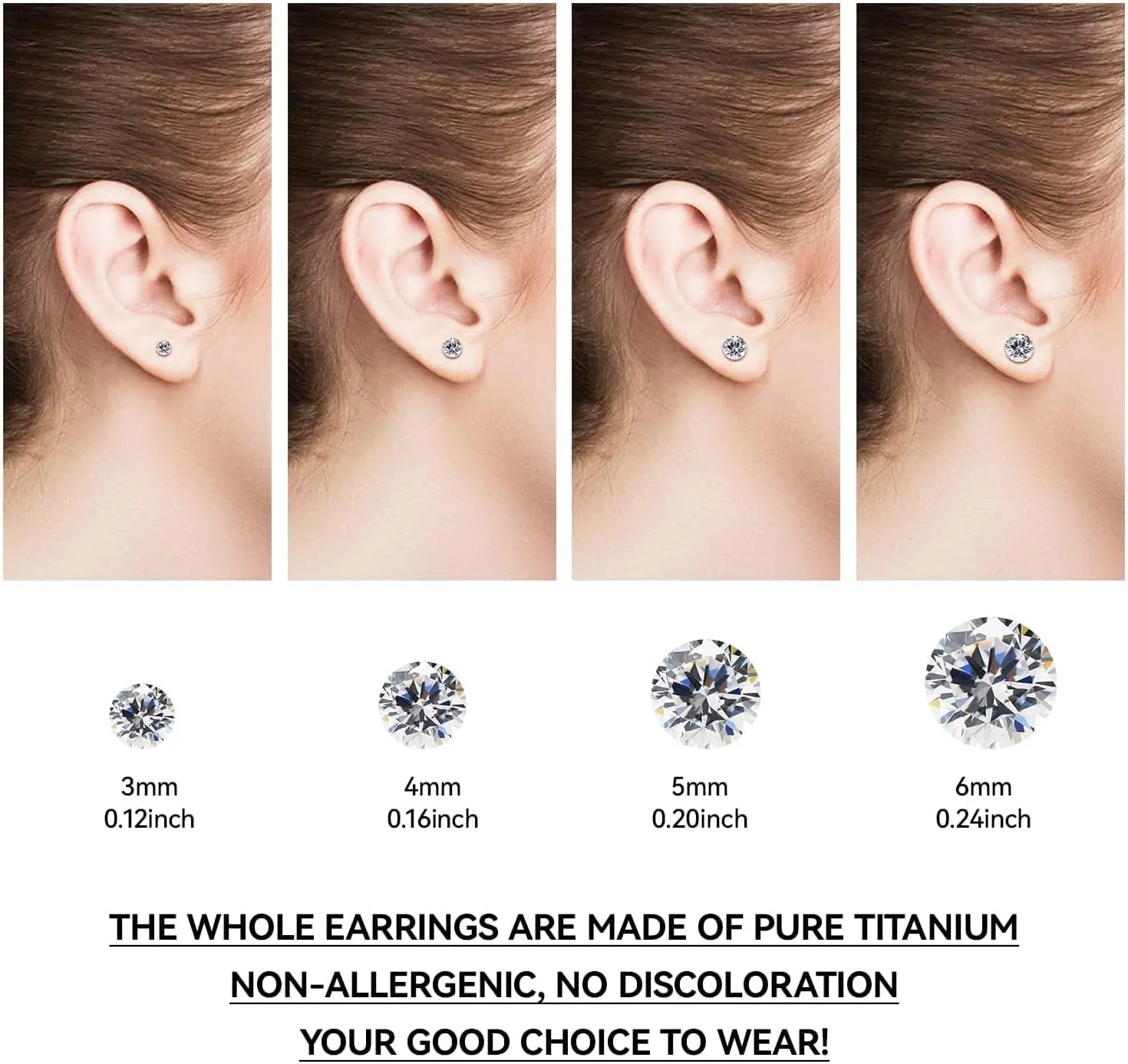 Limerencia G23 Pure Titanium Earrings F136 Implant Grade Titanium Studs 20G Hypoallergenic Round Cubic Zirconia/Princess-Cut/Square/Ball Earrings for Women Men Sensitive Ears