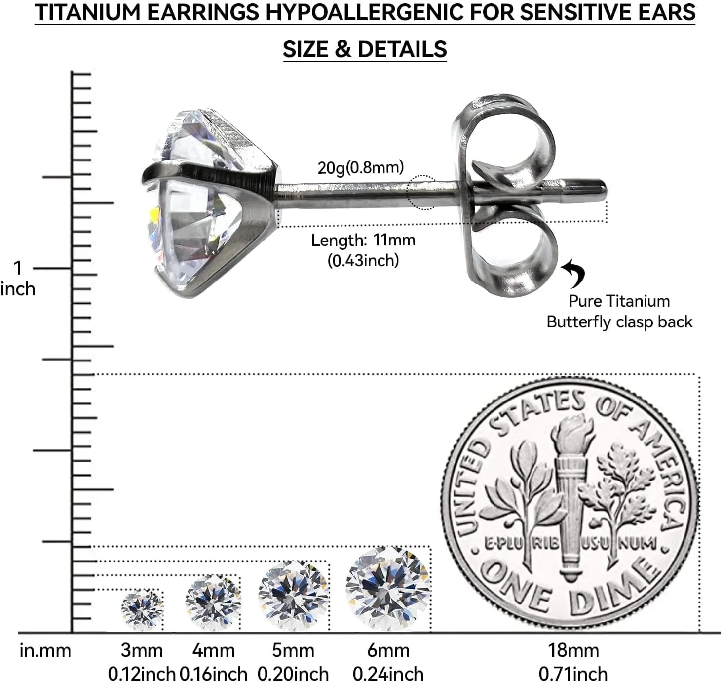 Limerencia G23 Pure Titanium Earrings F136 Implant Grade Titanium Studs 20G Hypoallergenic Round Cubic Zirconia/Princess-Cut/Square/Ball Earrings for Women Men Sensitive Ears