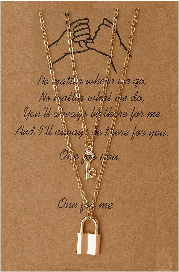 Lock And Key Necklace For Couples, 14K Gold Matching Pendant Adjustable Chain Personalized Simple Gift Jewelry