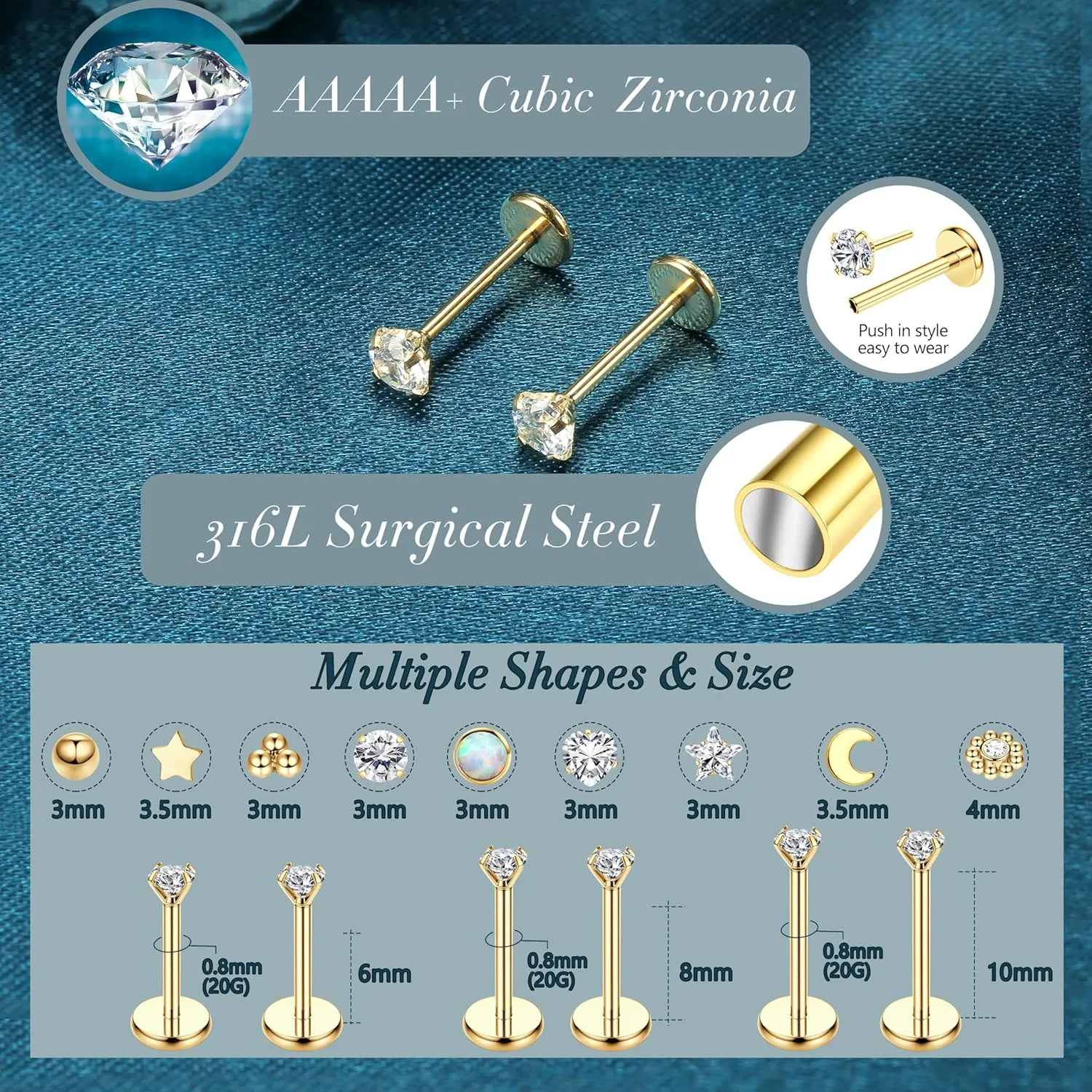 LOLIAS 20G 18G 16G Threadless Nose Studs Rings for Women Men 316L Surgical Steel Push in Flat Back Earrings CZ Lip Labret Nose Rings Studs Cartilage Helix Conch Medusa Nostril Tragus Piercing Jewelry 6mm 8mm 10mm Length