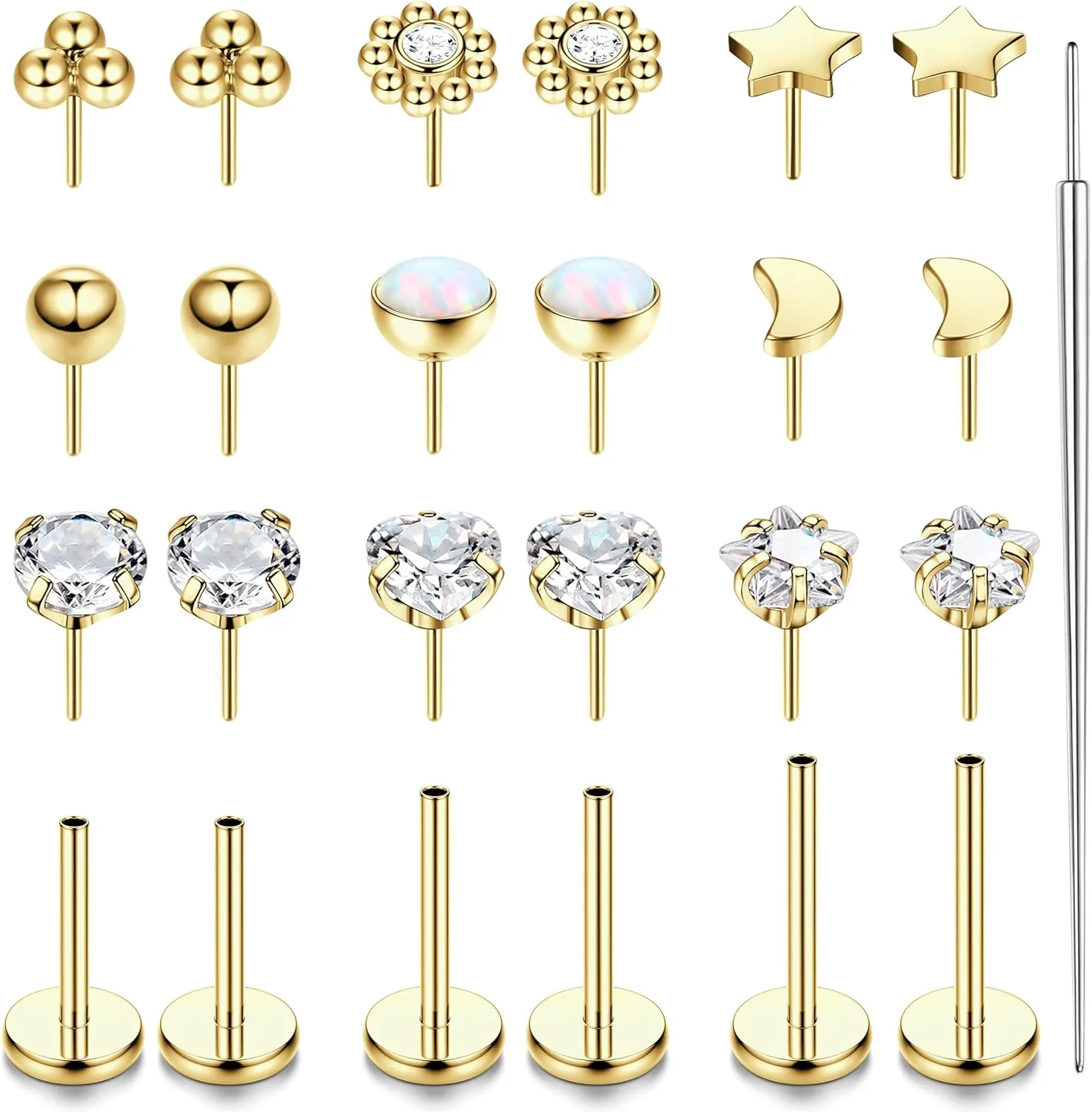 LOLIAS 20G 18G 16G Threadless Nose Studs Rings for Women Men 316L Surgical Steel Push in Flat Back Earrings CZ Lip Labret Nose Rings Studs Cartilage Helix Conch Medusa Nostril Tragus Piercing Jewelry 6mm 8mm 10mm Length