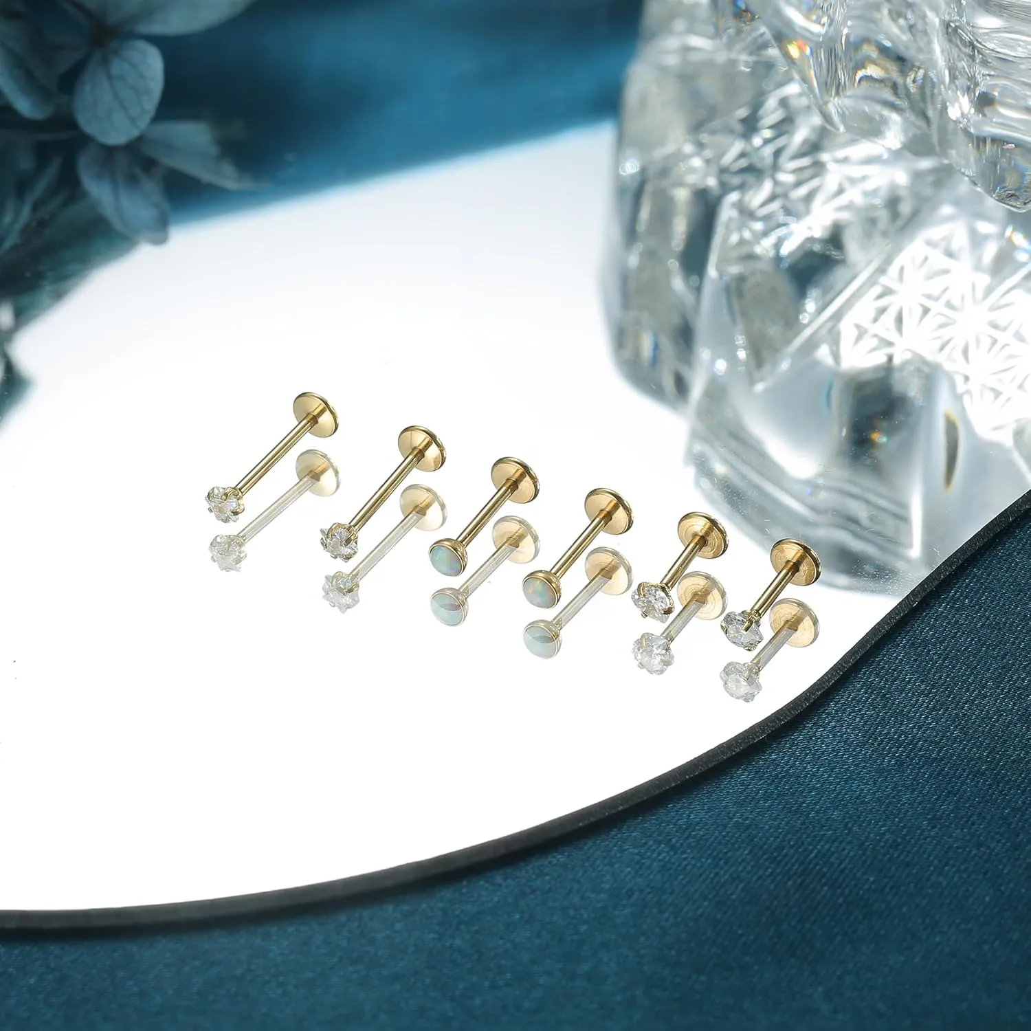 LOLIAS 20G 18G 16G Threadless Nose Studs Rings for Women Men 316L Surgical Steel Push in Flat Back Earrings CZ Lip Labret Nose Rings Studs Cartilage Helix Conch Medusa Nostril Tragus Piercing Jewelry 6mm 8mm 10mm Length