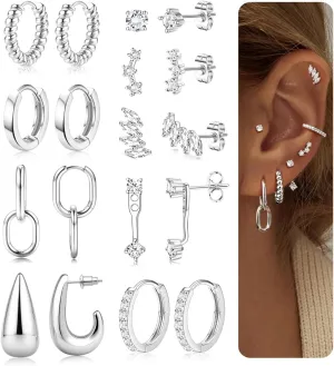 LOLIAS Small Gold Hoop Earring Stacks for Women - 14K Gold Plated Huggie Stud Hoop Earrings Hypoallergenic Stainless Steel Cartilage Earring Sets for Multiple Piercing Lightweight 9Pairs
