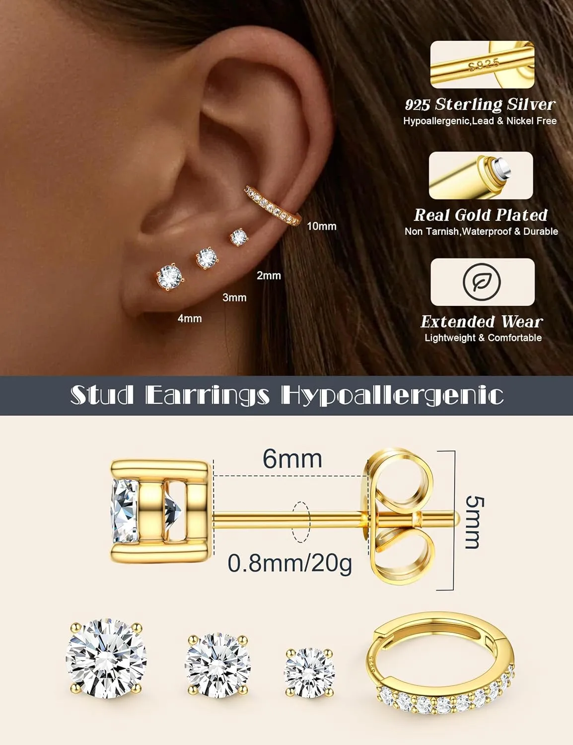 LOLIAS Stud Earrings for Women Hypoallergenic 925 Sterling Silver Earrings Studs Hoops Set Dainty Small Cartilage Earring Stacks