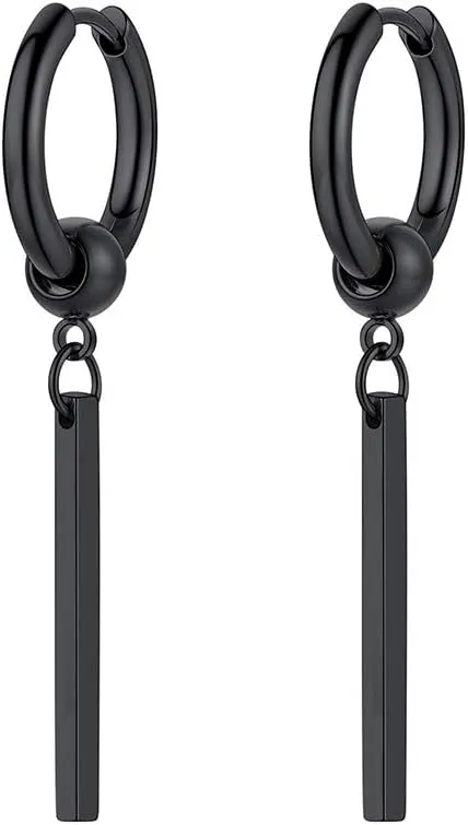 Long Bar Drop Earrings for Men Women, Punk Jewelry, Black/Gold Plated Stainless Steel, Hypoallergenic for Sensitive Ears, Come Box