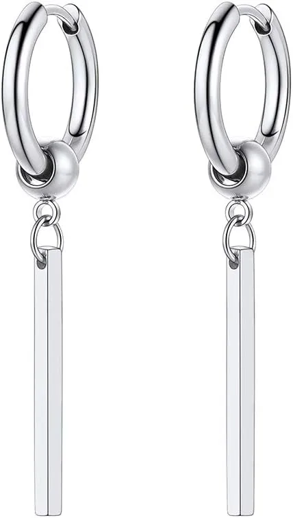 Long Bar Drop Earrings for Men Women, Punk Jewelry, Black/Gold Plated Stainless Steel, Hypoallergenic for Sensitive Ears, Come Box