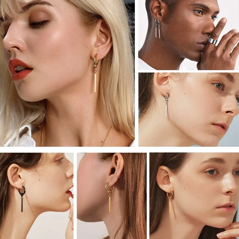 Long Bar Drop Earrings for Men Women, Punk Jewelry, Black/Gold Plated Stainless Steel, Hypoallergenic for Sensitive Ears, Come Box