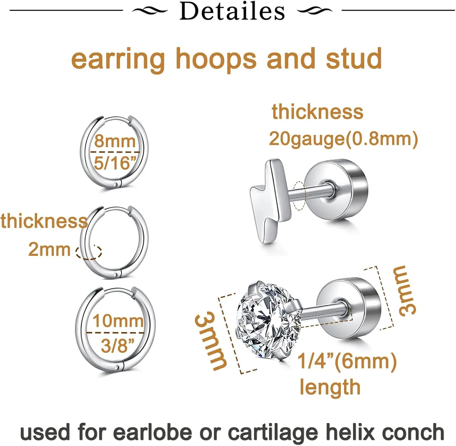 Longita Cartilage Earring Flat Back Cartilage Earrings for Women Silver Gold Helix Piercing Jewelry Tragus Earrings Threadless Flatback Screw Back Earrings 16g 20g Cartilage Hoop Earring