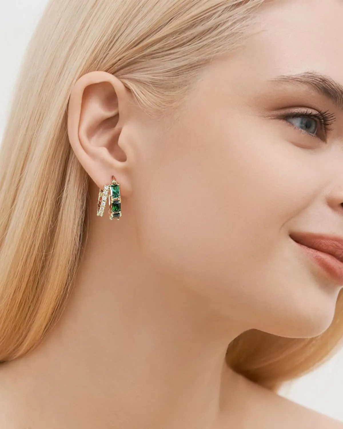 Lourny Double Hoop Crystal Earrings for Women,18K Gold/Silver Plated Illusion Huggie Cubic Zirconia Hoop Earrings Jewelry Gifts