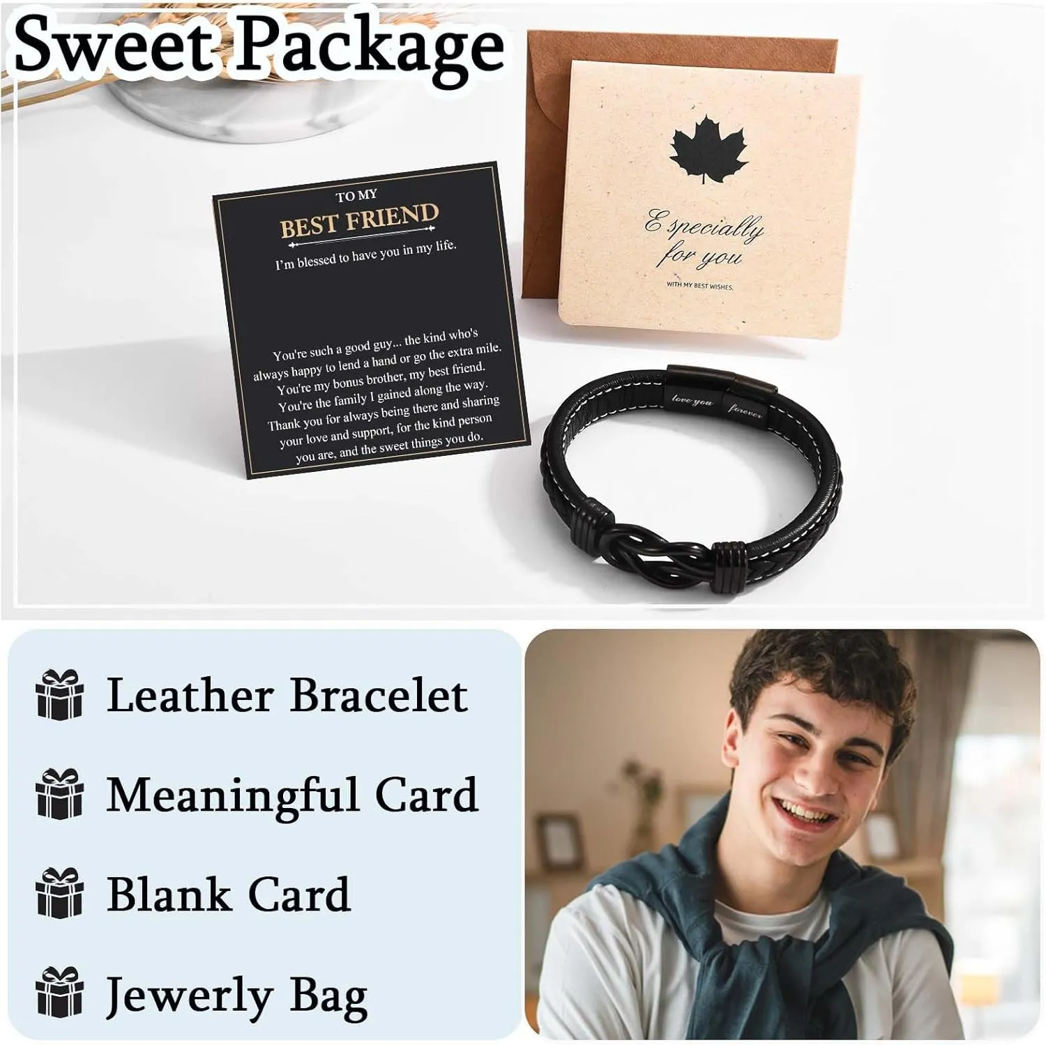 Love You Forever Leather Bracelet Gifts for Men Him Teen Boys, To My Brother Son Grandson Nephew Friend Dad Husband Christmas Birthday Valentines Fathers Day Graduation Back to School Gifts