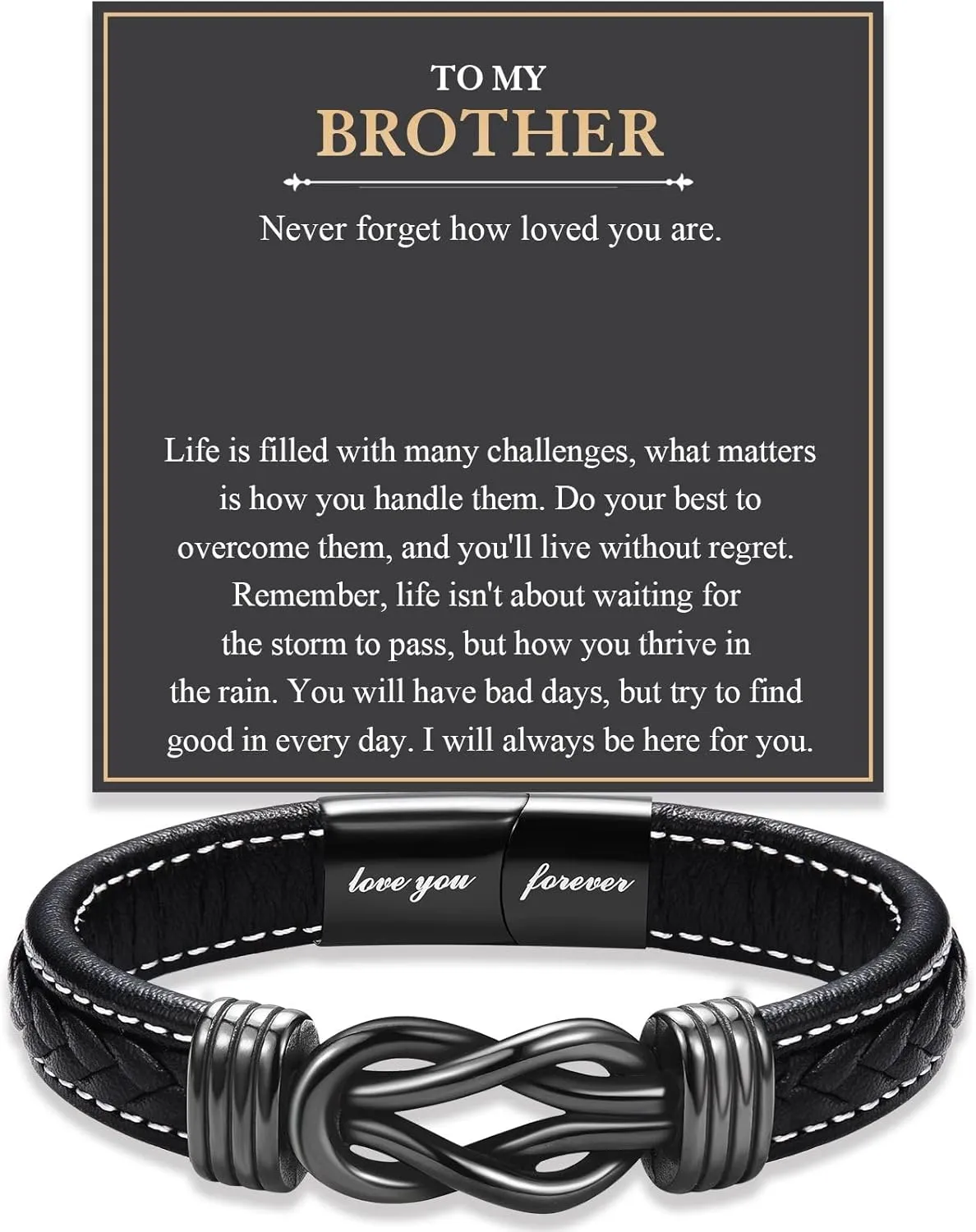 Love You Forever Leather Bracelet Gifts for Men Him Teen Boys, To My Brother Son Grandson Nephew Friend Dad Husband Christmas Birthday Valentines Fathers Day Graduation Back to School Gifts