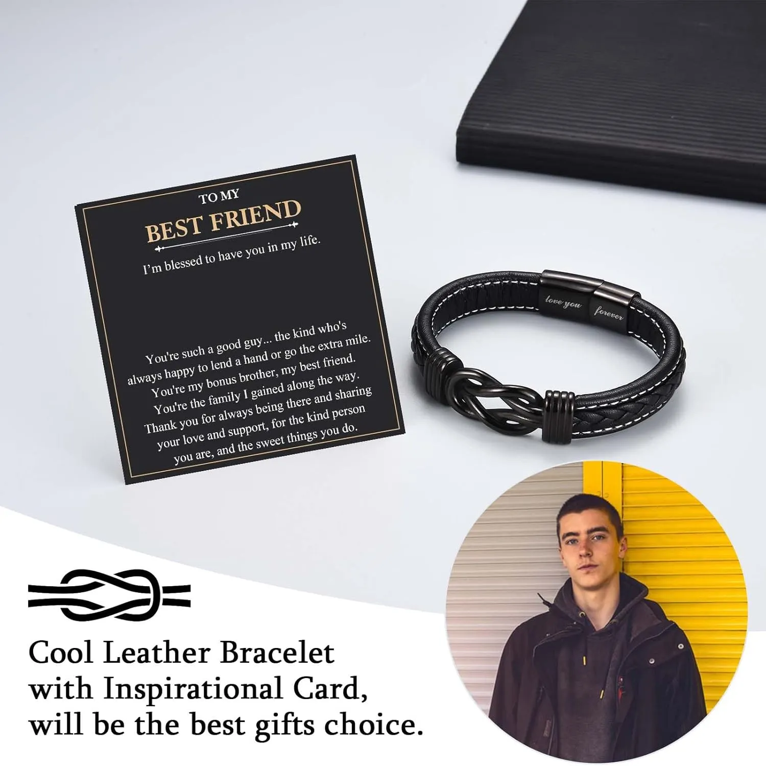 Love You Forever Leather Bracelet Gifts for Men Him Teen Boys, To My Brother Son Grandson Nephew Friend Dad Husband Christmas Birthday Valentines Fathers Day Graduation Back to School Gifts