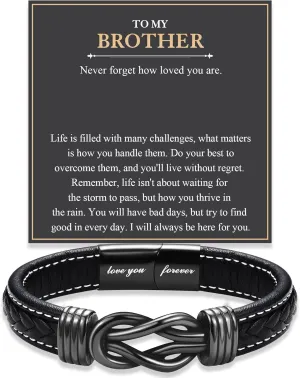 Love You Forever Leather Bracelet Gifts for Men Him Teen Boys, To My Brother Son Grandson Nephew Friend Dad Husband Christmas Birthday Valentines Fathers Day Graduation Back to School Gifts