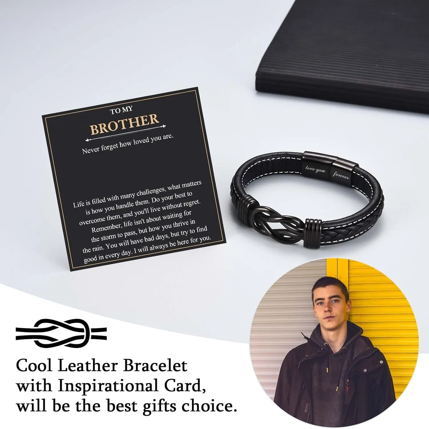 Love You Forever Leather Bracelet Gifts for Men Him Teen Boys, To My Brother Son Grandson Nephew Friend Dad Husband Christmas Birthday Valentines Fathers Day Graduation Back to School Gifts