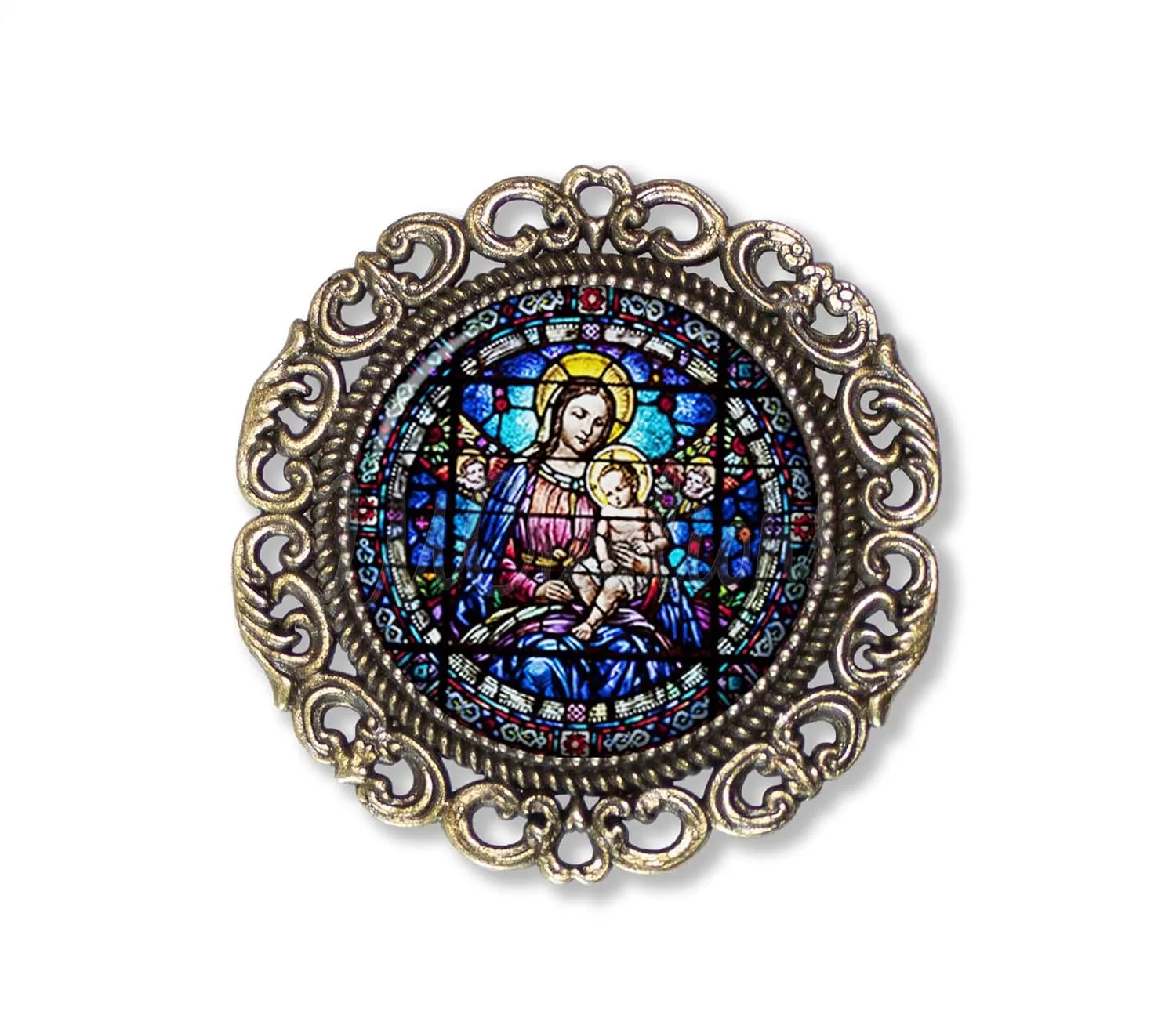 Lovely FAUX Stained Glass Style Mary and Jesus Religious Spiritual Handmade Round Glass Baroque Style BROOCH or Pin Jewelry (Antique Bronze)