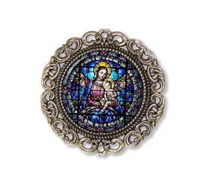 Lovely FAUX Stained Glass Style Mary and Jesus Religious Spiritual Handmade Round Glass Baroque Style BROOCH or Pin Jewelry (Antique Bronze)