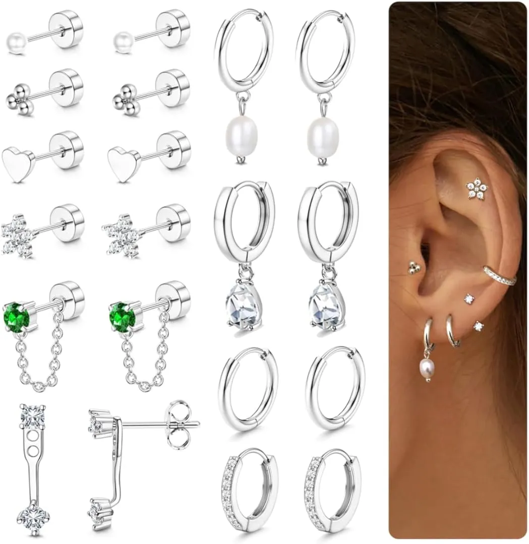 LOYALLOOK 10Pairs Hypoallergenic Flat Back Earrings Cartilage Earring Sets for Multiple Piercing 20G Stainless Steel Earrings Gold Stud Small Hoop Earrings Stacks Flatback Stud Earrings