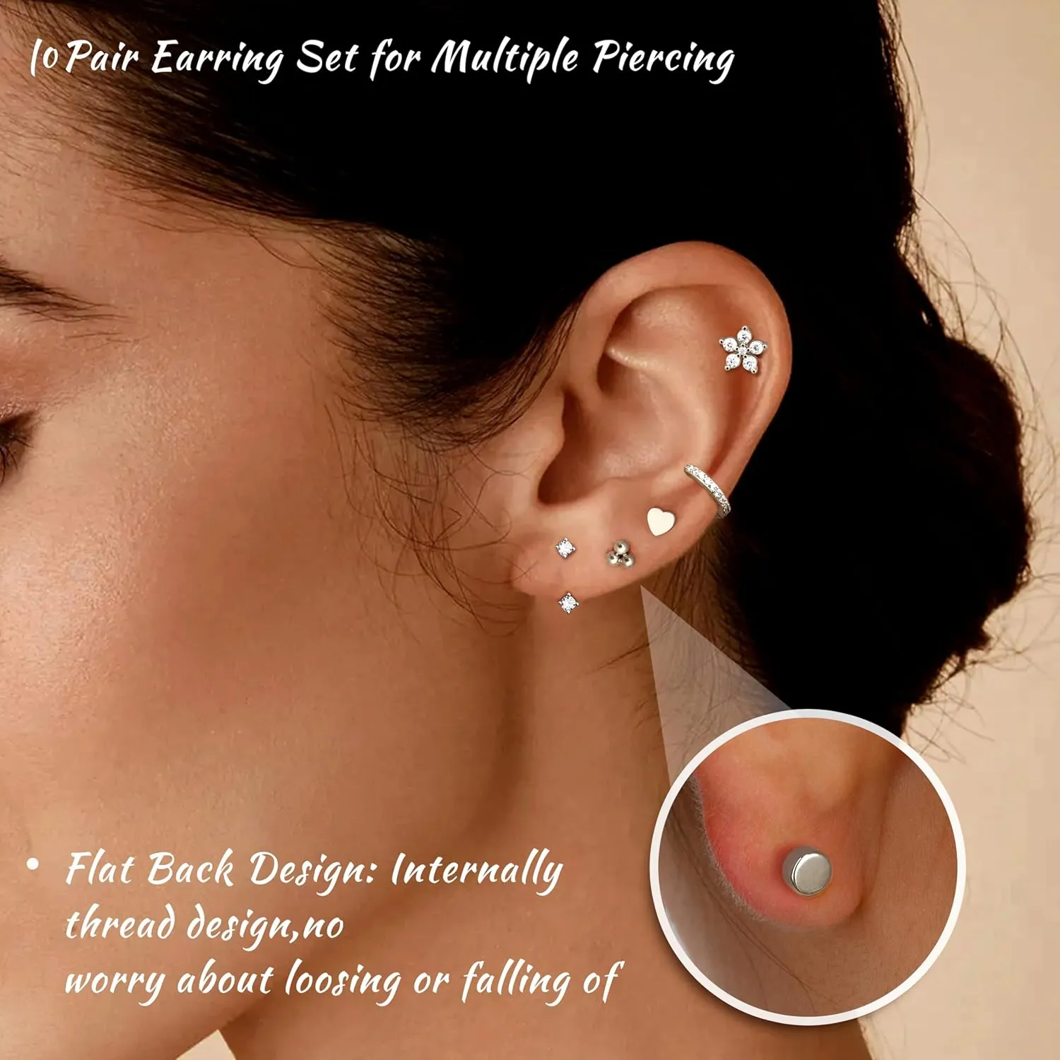 LOYALLOOK 10Pairs Hypoallergenic Flat Back Earrings Cartilage Earring Sets for Multiple Piercing 20G Stainless Steel Earrings Gold Stud Small Hoop Earrings Stacks Flatback Stud Earrings