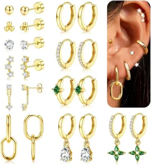 LOYALLOOK 11Pairs Gold Hoop Earrings for Women-Hypoallergenic Surgical Steel Earrings 14K Gold Plated Cartilage Earring Sets for Multiple Piercing Trendy Earring Stacks Flat Back Stud Hoops