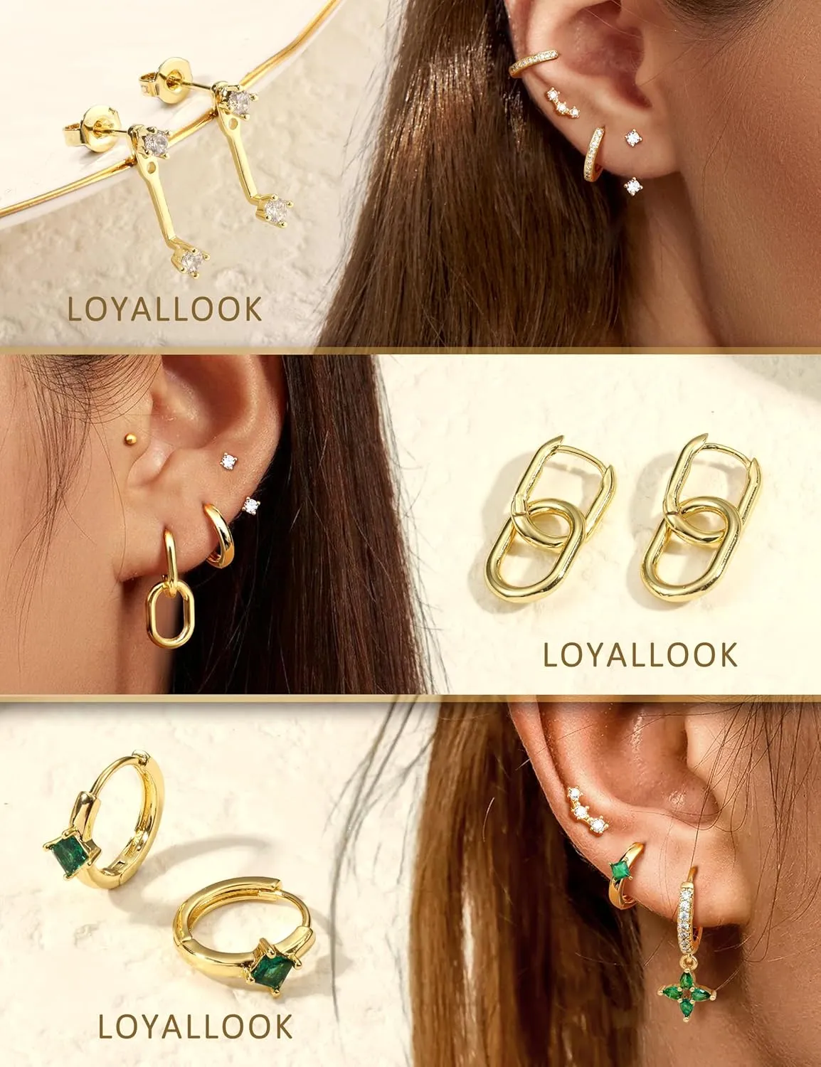 LOYALLOOK 11Pairs Gold Hoop Earrings for Women-Hypoallergenic Surgical Steel Earrings 14K Gold Plated Cartilage Earring Sets for Multiple Piercing Trendy Earring Stacks Flat Back Stud Hoops
