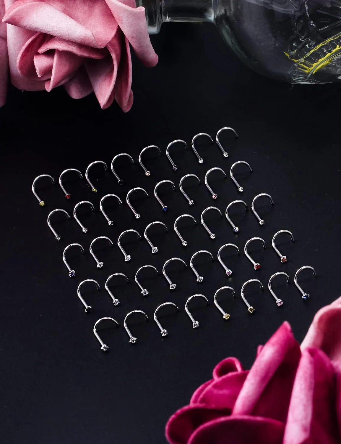 Lsnevsie 18G 20G 22G Surgical Steel Nose Rings Studs for Women Men Nose Piercing Jewelry Top Diamond CZ 1.5mm 2mm 2.5mm 3mm 40PCS