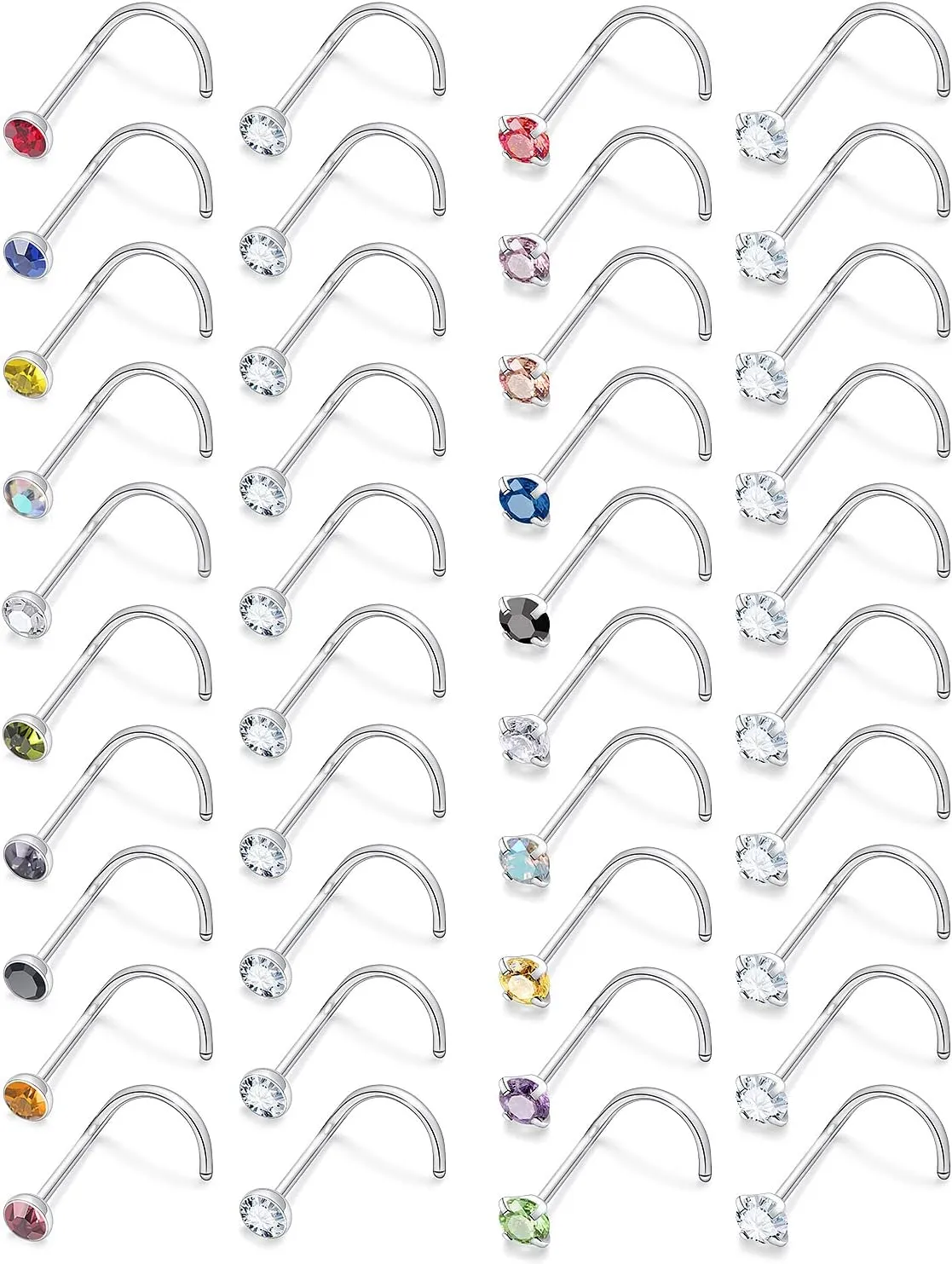 Lsnevsie 18G 20G 22G Surgical Steel Nose Rings Studs for Women Men Nose Piercing Jewelry Top Diamond CZ 1.5mm 2mm 2.5mm 3mm 40PCS