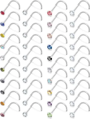Lsnevsie 18G 20G 22G Surgical Steel Nose Rings Studs for Women Men Nose Piercing Jewelry Top Diamond CZ 1.5mm 2mm 2.5mm 3mm 40PCS