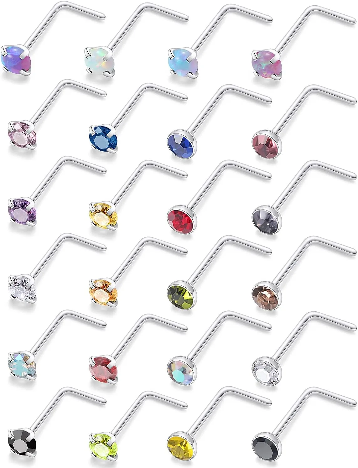 Lsnevsie 18G 20G 22G Surgical Steel Opal Nose Rings Studs for Women Men Nose Piercing Jewelry Top Diamond 1.5mm 2mm 2.5mm 3mm 24Pcs